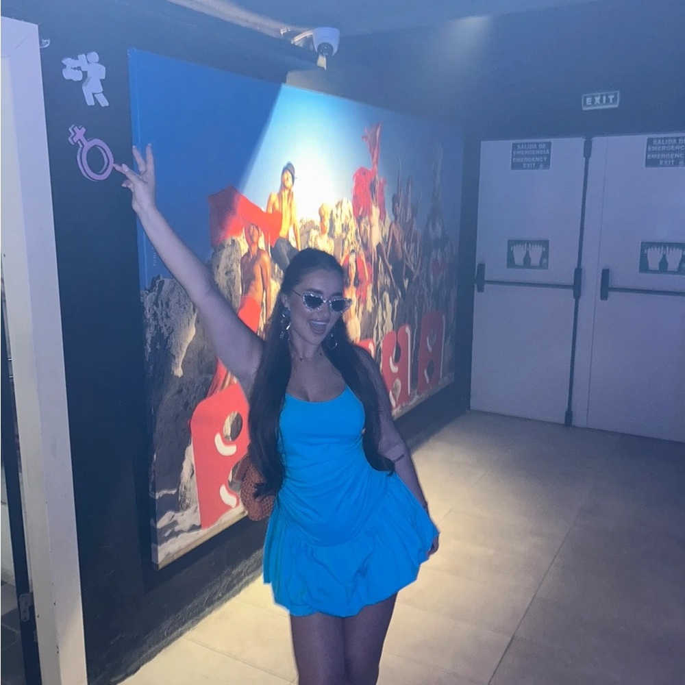 Plt blue puff ball mini dress